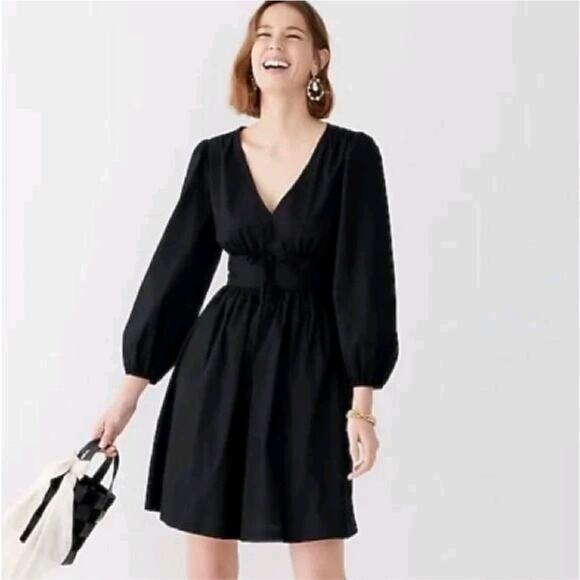 J. Crew Black V-neck Puff Sleeve Cotton Poplin Mini Dress Size 20 new with tags - Picture 1 of 9